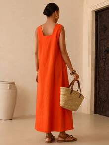 Vesra Women's V-Neck Sleeveless Loose Long Dress - Burnt Orange - View 2