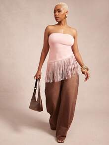 Vixey Brushed Jersey Fringe Hem Strapless Tube Top - Baby Pink - View 1