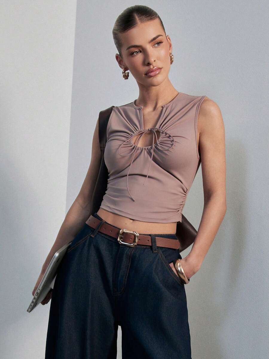 Hauture Áo tank top nữ co giãn, có dây rút, khoét cổ, kiểu dáng gợi cảm công sở. - Bụi tím - Xem 1