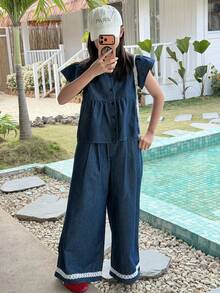 DAZY 2件套少女时尚短袖上衣和阔腿牛仔裤套装，夏季 - 藍色 - 查看 1