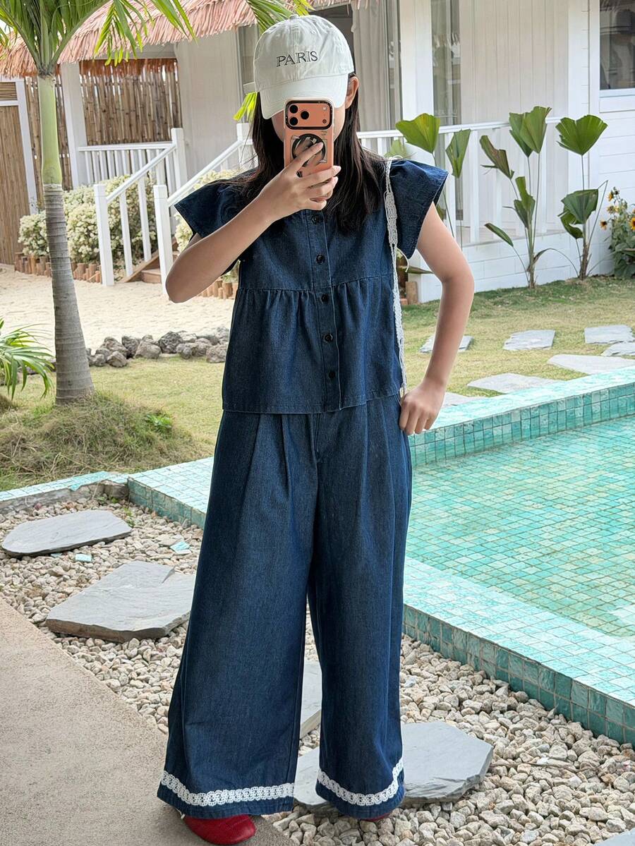 DAZY 2件套少女时尚短袖上衣和阔腿牛仔裤套装,夏季 - 藍色 - 查看 1