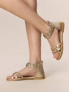 Styleloop Riveted Roman Sandals Women's Spring And Summer New Bohemian Sexy Woven Cross Belt Travel Women's Shoes, Spring And Summer Outside Vacation Beach Leisure - Light gold - View 7