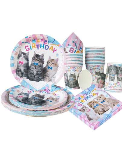 100 Pieces Of Cat Party Plates, Cat Dinner Plates, Paper Cups, And Napkins For Party Supplies, 7/9 Inch Disposable Paper Plates, Cups, And Napkins For Kittens, Suitable For Decorating Cat-Themed Birthday Parties