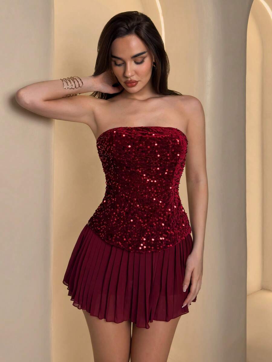 SHEIN Allurite Sequin Patchwork Chiffon Casual Party Cocktail Mini Dress - Burgundy - View 1