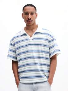 SUMWON 男士休闲修身条纹V领短袖Polo衫，夏季时尚上衣 - 彩色 - 查看 1