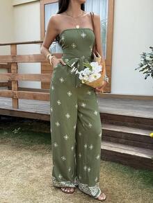 Livesso 女士印花扭结前襟抹胸阔腿连体裤，度假款 - 橄欖綠 - 查看 7