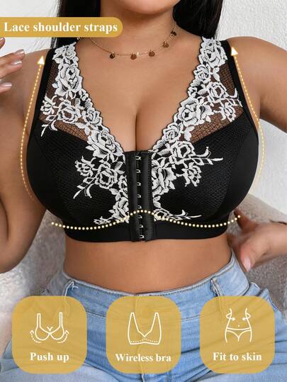 DesireSculpt 1pc Plus Size Black Lace Patchwork Front Closure Wireless Bra