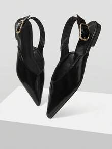 Mnmlis Giày sandal đế thấp màu đen bóng, mũi nhọn, hở gót, trang trí khóa vàng, thích hợp cho việc đi làm. - màu đen - Xem 5