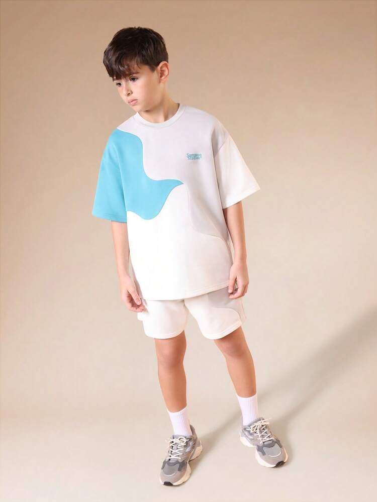Boys Turquoise Color Block Short Sleeve T-Shirt And White Shorts Co-Ord Set With Graphic Print