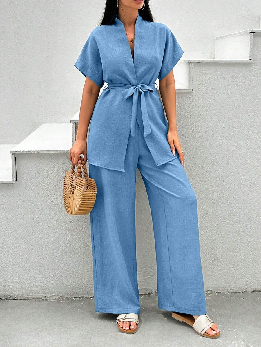 Cottnline 2pcs Vacation Casual Solid Color Batwing Sleeve Top And Pants Set - Royal Blue - View 1