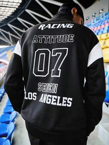 EVRINFINITE 男士半拉链/四分之一拉链卫衣，黑白拼接赛车号码图案印花，休闲四分之一拉链套头衫，秋季款，长袖上衣 - 黑與白 - 查看 2