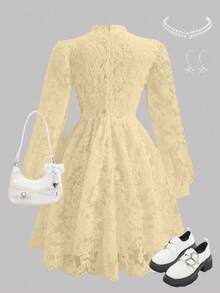 Teen Girl Elegant Elegant Luxurious White Lace Lantern Sleeve Long Sleeve Waist Snug Fit Gorgeous Ruffle Puff Dress For Teenage Girls - Apricot - View 2