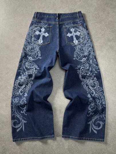 ROMWE MEN Goth Men's Cross Pattern Loose Fit Wide Leg Casual Jeans