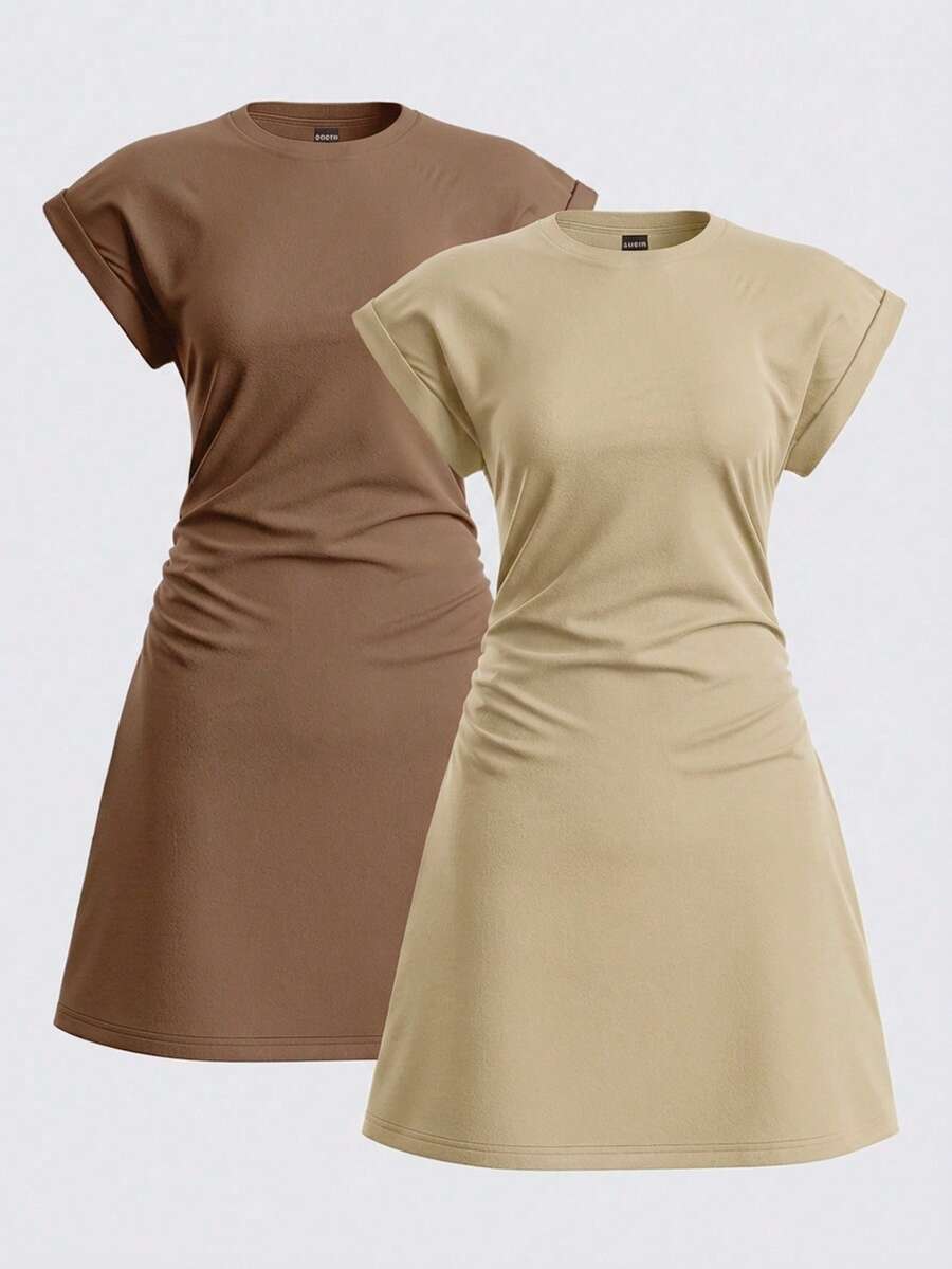 SHEIN BASICS Bộ 2 chiếc váy ngắn tay cổ tròn màu trơn dáng suông dành cho nữ. - Nhiều màu - Xem 1
