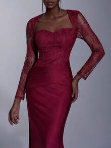 Elitara Burgundy Spring Formal Evening Wedding Bridesmaid Dress,Lace Patchwork Long Sleeve Ruched Fishtail Hem Trailing Elegant Birthday Party Event Gown - Burgundy - View 3
