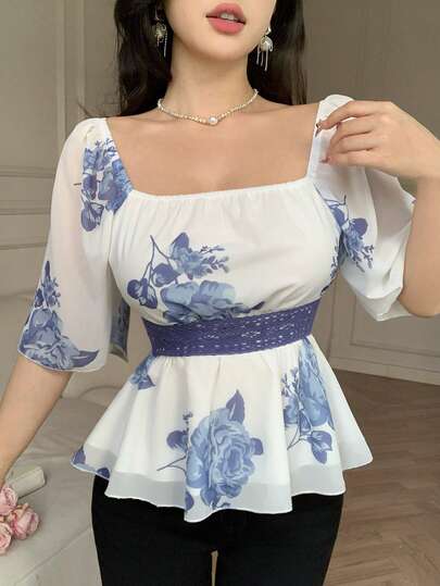 Celisse Nueva blusa con diseño de bloqueo de color, estampado floral de encaje y lazo para mujeres, primavera/verano