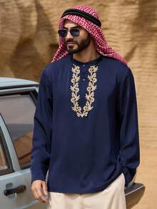 DAZY Navy Blue Long Sleeve Shirt With Collar Trim Design, Middle Eastern Style For Men, Spring - Navy Blue - View 7