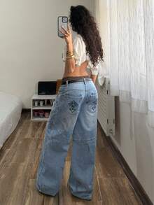 StreetHx 女士口袋纽扣交叉图案休闲百搭日常穿着阔腿牛仔裤 - 藍色 - 查看 8