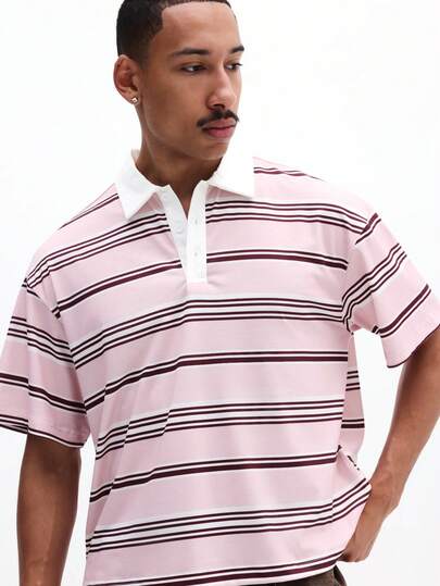 SUMWON Men's Casual Cropped Boxy Fit Horizontal Striped Short Sleeve Polo Shirt With Point Collar And Button Placket Spring Summer