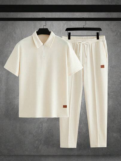 HIMLAND Men's Printed Short Sleeve Polo Shirt And Drawstring Waist Pocket Wide Leg Pants Casual Outfit Beach Clothes For Men White Cream Linen Two Piece Set Men Men Co Ord Set Two Piece Summer Set Men