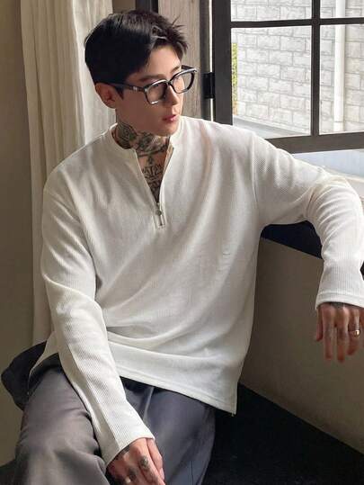 DAZY 男士纯色1/3拉链领白色纹理面料T恤，春季款