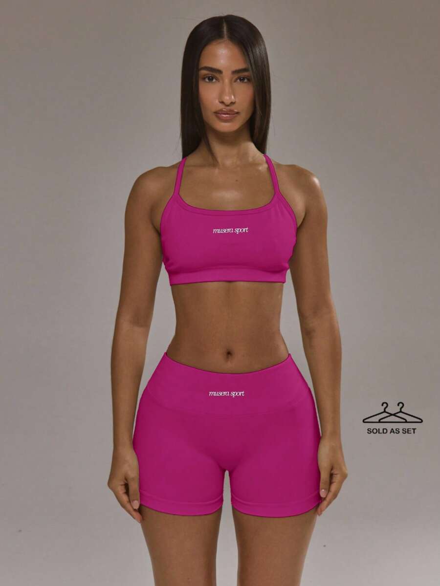Musera Sport Bộ đồ thể thao phối hợp gồm áo ngực thể thao lưng chéo và quần legging bó mông, thích hợp cho mùa thu đông, tập luyện thể thao, bộ đồ tập luyện mùa hè. - Màu Hồng Tươi - Xem 1