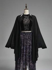 ROMWE Goth Áo khoác cardigan dệt kim mỏng cổ điển tay cánh dơi tối màu viền bất đối xứng - màu đen - Xem 3