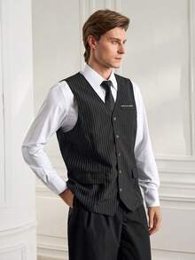 Officeau 男士条纹商务休闲马甲，Old Money - 黑色 - 查看 4