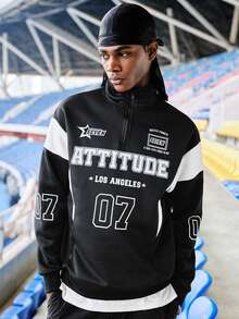 EVRINFINITE 男士半拉链/四分之一拉链卫衣，黑白拼接赛车号码图案印花，休闲四分之一拉链套头衫，秋季款，长袖上衣 - 黑與白 - 查看 1