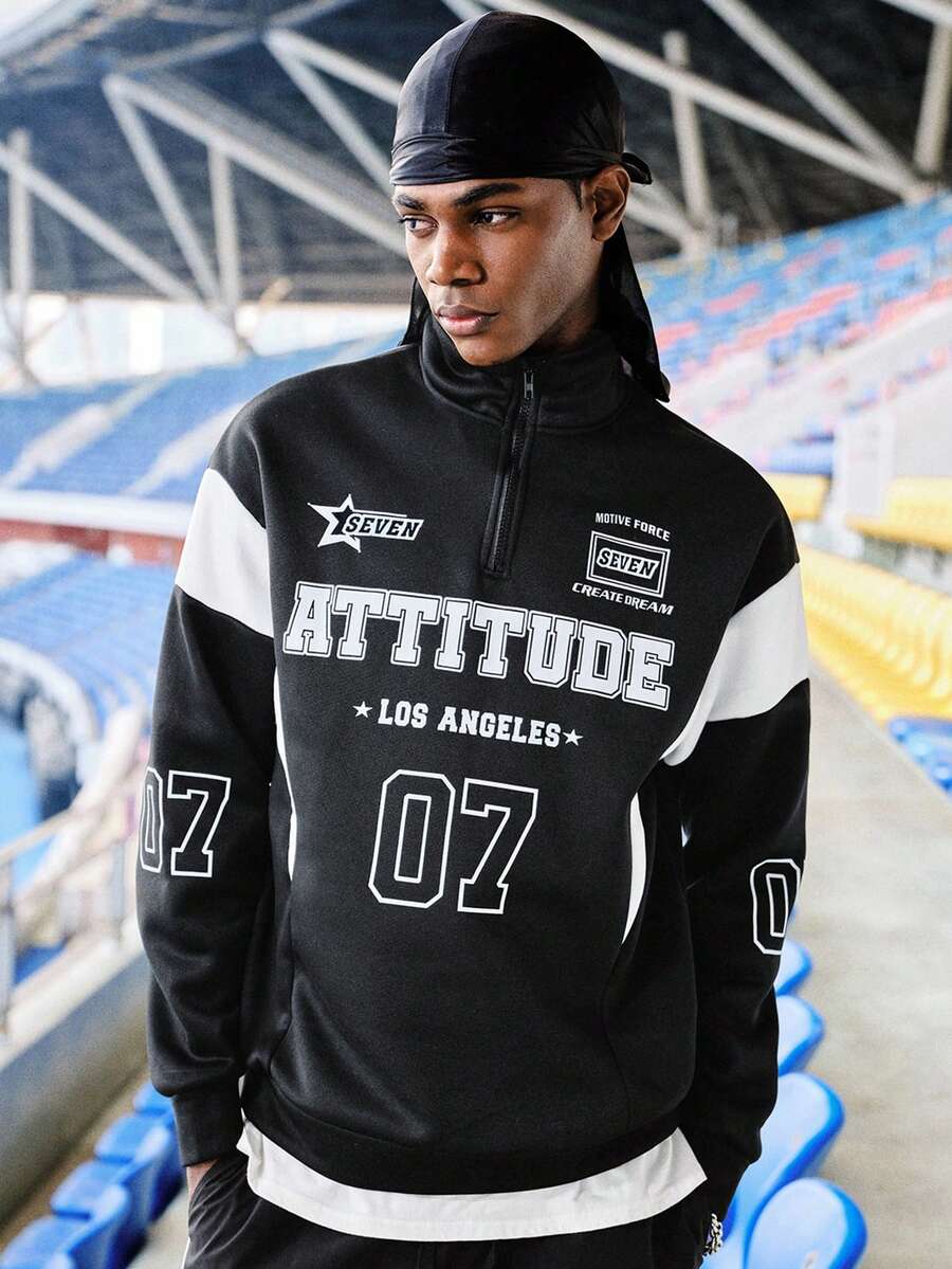 EVRINFINITE 男士半拉链/四分之一拉链卫衣，黑白拼接赛车号码图案印花，休闲四分之一拉链套头衫，秋季款，长袖上衣 - 黑與白 - 查看 1