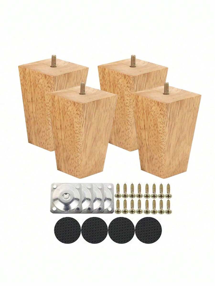 Bộ 4 chân bàn ghế hình nón kèm phụ kiện, chân gỗ nguyên khối cho ghế sofa, tủ quần áo, giường - Chân thay thế bằng gỗ đa năng với tấm gắn kim loại và ốc vít. - Màu be - Xem 1