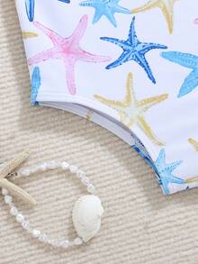 SHEIN Baby Girl Starfish Pattern Ruffle Trim One-Piece Swimsuit - Blue - View 5