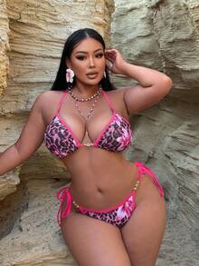 SHEIN Swim Curve 大码女式多色印花露背吊带背心式上衣，侧边系带泳裤，性感休闲沙滩度假泳装套装 - 彩色 - 查看 4