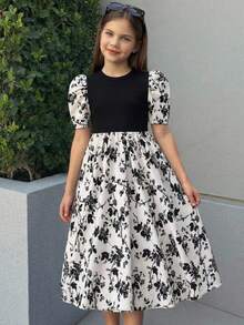 SHEIN Vestido informal para niñas preadolescentes con cuello de punto, empalmado con tejido y volante en el bajo - Blanco y Negro - Ver 3