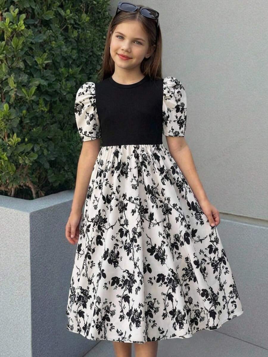 SHEIN 少女针织圆领拼接荷叶边下摆休闲连衣裙 - 黑與白 - 查看 1