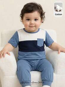 Cozy Pixies Set bluză și pantaloni casual cu guler rotund, blocuri de culoare, mânecă scurtă, pentru bebeluși băieți, model patchwork clasic în culori cool, potrivit pentru ieșiri, acasă, vacanță, ținute de vară, stil distractiv - Multicolor - Vizualizare 1