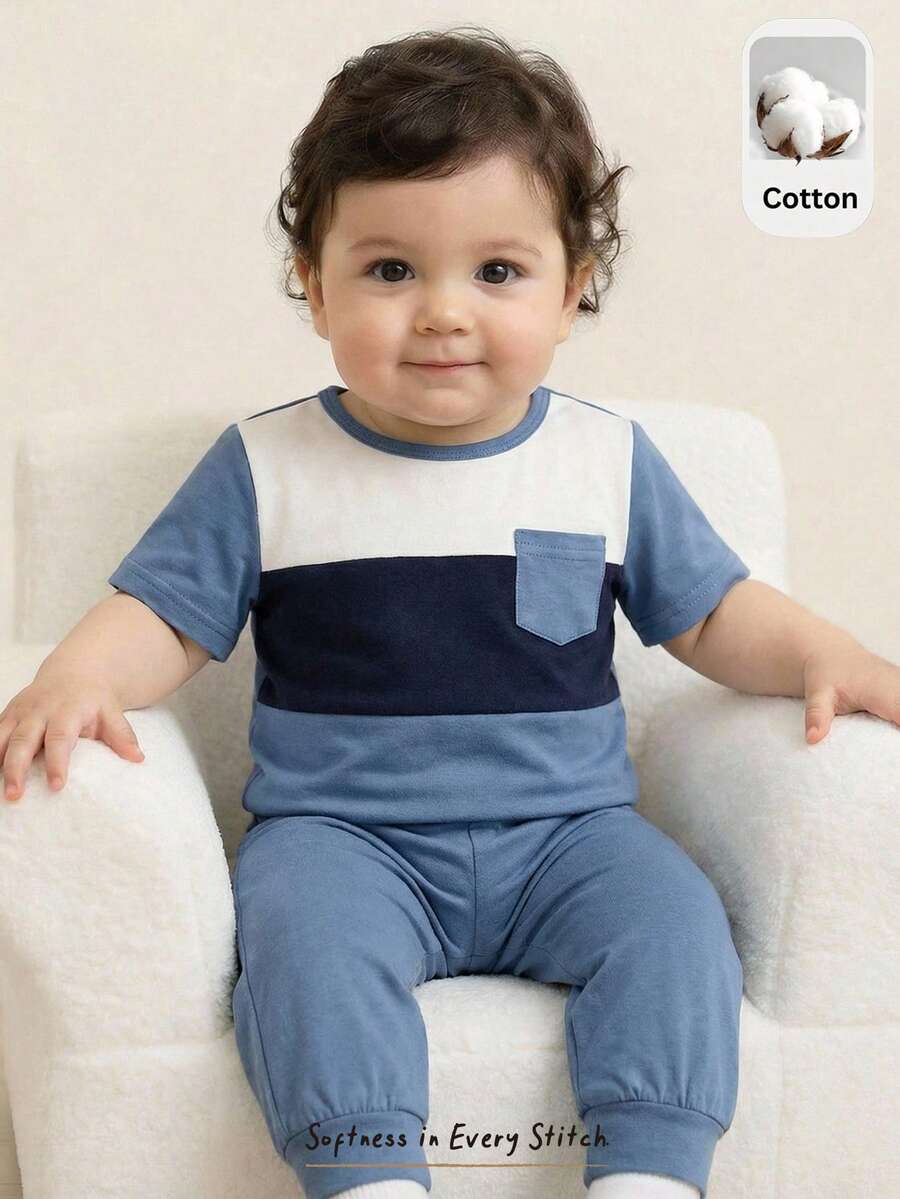 Cozy Pixies Set bluză și pantaloni casual cu guler rotund, blocuri de culoare, mânecă scurtă, pentru bebeluși băieți, model patchwork clasic în culori cool, potrivit pentru ieșiri, acasă, vacanță, ținute de vară, stil distractiv - Multicolor - Vizualizare 1