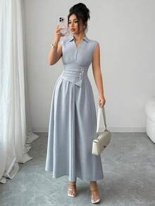 SHEIN Elenzya Women's Spring/Summer Collared Waist-Cinched Solid Color Textured Fabric A-Line Long Dress, Suitable For Commuting, Outings - Gray Blue - View 6