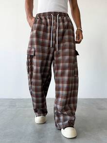 Manfinity Hypemode Men's Plaid Flap Pocket Drawstring Waist Cargo Pants - Coffee Brown - View 5