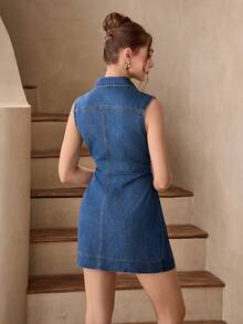 Selenza 女士褶皱优雅性感牛仔连衣裙 - 中等水洗藍 - 查看 2