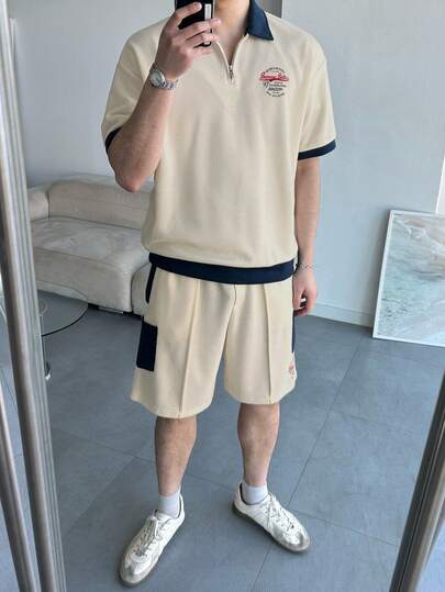 DAZY Conjunto de camiseta de manga corta y pantalones cortos con cuello y dobladillo de contraste de patchwork para hombre, verano