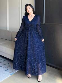 Dazy Plus Vestido elegante de manga farol con cuello en V y cintura fruncida, adecuado para citas y fiestas. Vestidos de verano para mujer de talla grande - Azul Marino - Ver 5