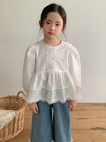 DAZY 女童春季休閒花卉刺繡泡泡袖上衣 - 白色 - 查看 8