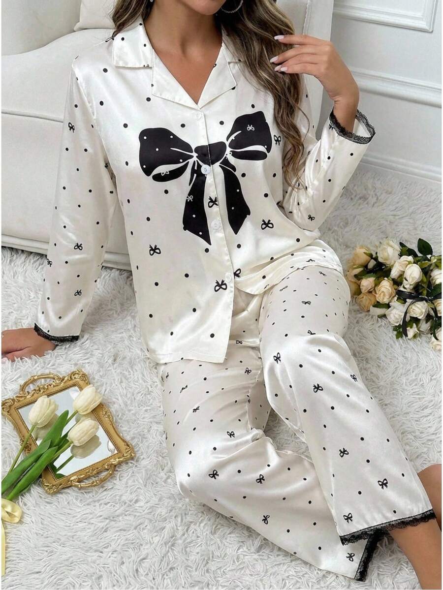 Cute Bow Combination Print Teen GirlWomen's Long Sleeve Cardigan And Pants Casual 2-Piece Loungewear Set, Lace Trim Design Adds Elegance And Charm Bow Print Top - Apricot - View 1