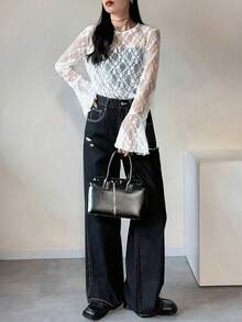 FRIFUL Áo thun nữ cổ tròn, chất liệu ren, tay loe, màu trơn, kiểu dáng thường ngày. - trắng - Xem 5