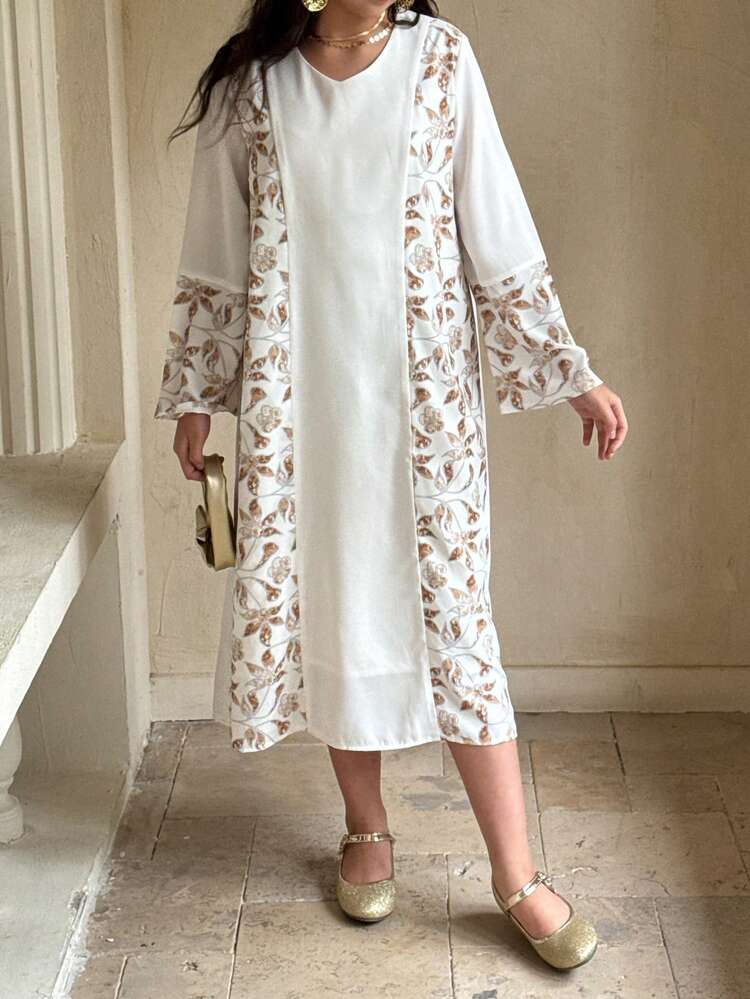 Tween Girl Elegant Floral Print Patchwork Party Dress