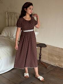 Dazy Kids 少女圆领花卉蕾丝荷叶边休闲家居睡裙 - 棕色 - 查看 5