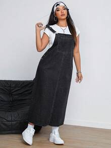 SHEIN ICON Plus Size Casual Washed Denim Pinafore Dress - Dark Grey - View 6