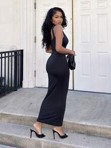 Alexandranx 纯色圆领背心裙，女士夏季连衣裙 - 黑色 - 查看 5