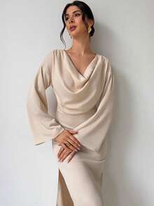 Firerie Yellow V-Neck Flare Sleeve Ruched Waist Office Lady Dress, Minimalist Elegant Daily Commute Dress, Spring/Summer New Arrival - Yellow - View 4